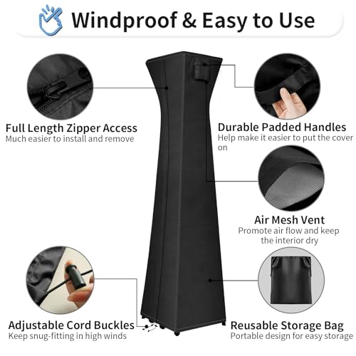 OutdoorLines Waterproof Outdoor Patio Heater Covers with Zipper and Storage Bag, Dust-proof UV-Resistant Windproof Propane Heavy Duty Heater Cover for Standing Heater, 1 Pack-90Hx23Lx23W inch Black - Image 5
