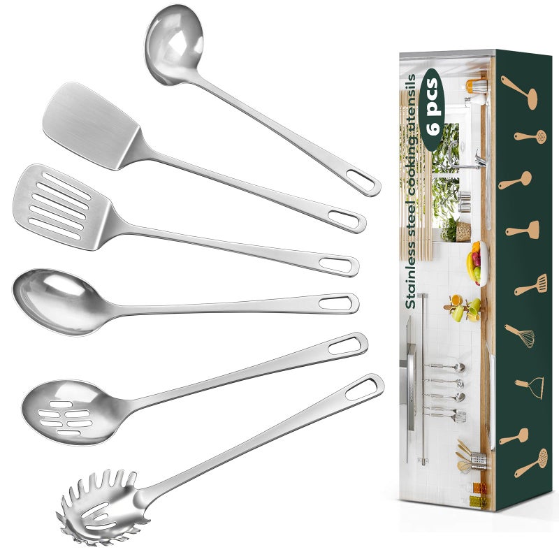 6 Pcs Cooking Utensils Set Stainless Steel Kitchen Utensils Heat Resistant Metal Kitchen Tools Include Solid Slotted Turner Wok Spatula Serving Spoon Ladle Pasta Server Easy to Clean Silver