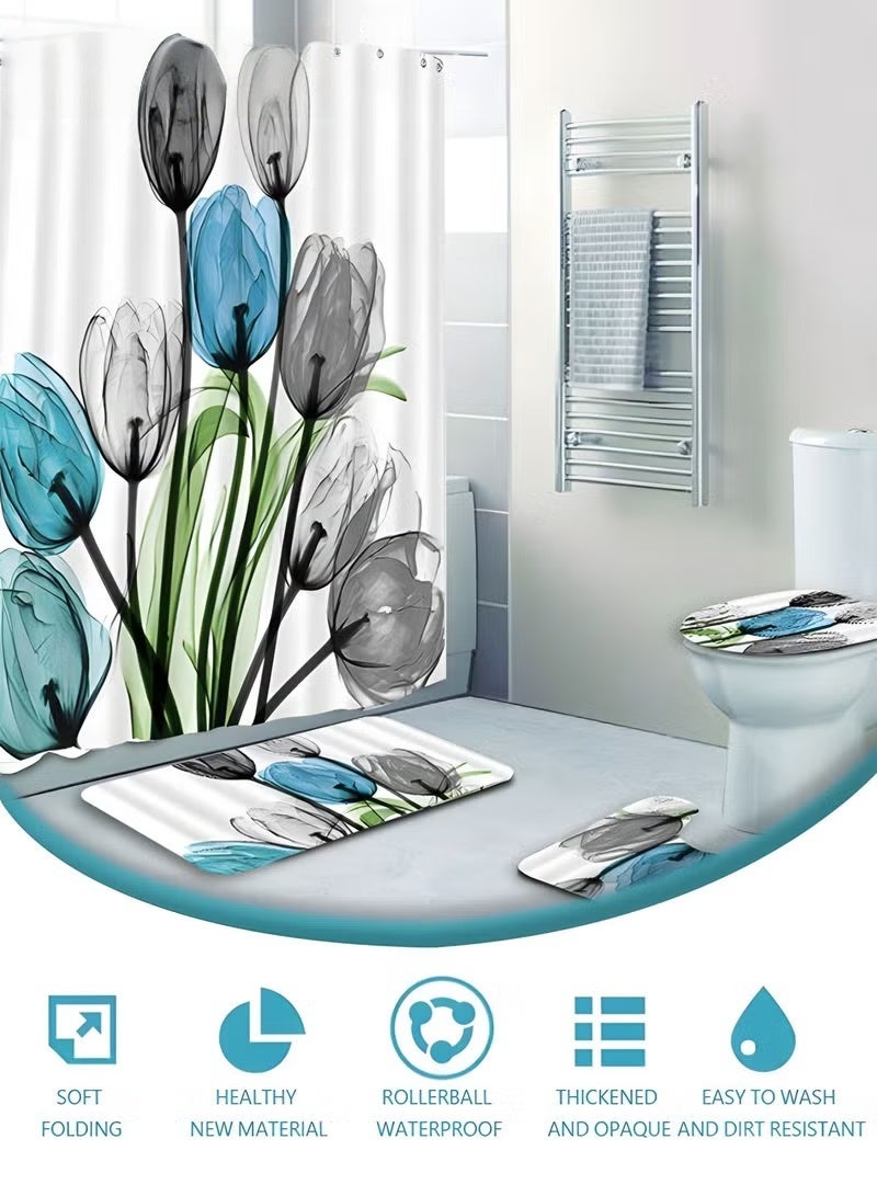 EETU 4PCS Printed Shower Curtain Set with Non-Slip Rugs,Toilet Lid Cover And Bath Mat,Durable Waterproof Flora Shower Curtain With 12 Hooks - Image 3