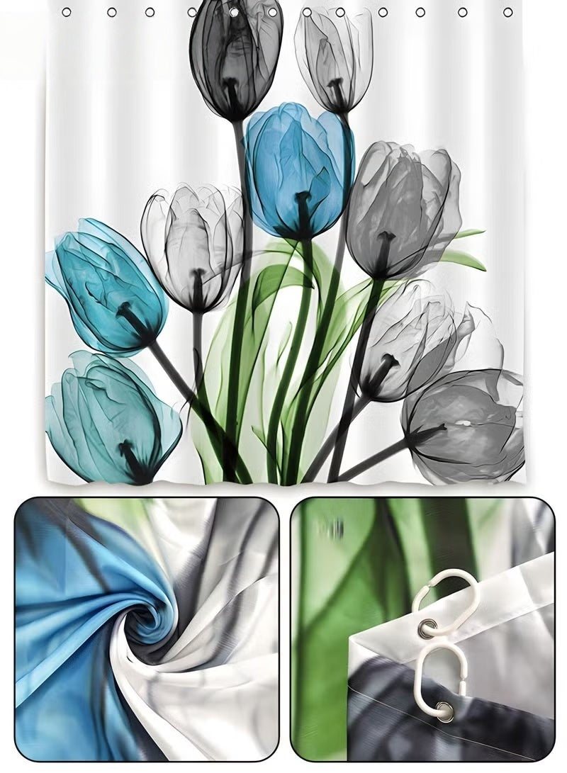 EETU 4PCS Printed Shower Curtain Set with Non-Slip Rugs,Toilet Lid Cover And Bath Mat,Durable Waterproof Flora Shower Curtain With 12 Hooks - Image 2