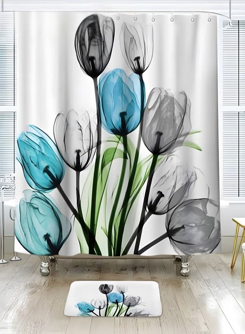 EETU 4PCS Printed Shower Curtain Set with Non-Slip Rugs,Toilet Lid Cover And Bath Mat,Durable Waterproof Flora Shower Curtain With 12 Hooks - Image 4