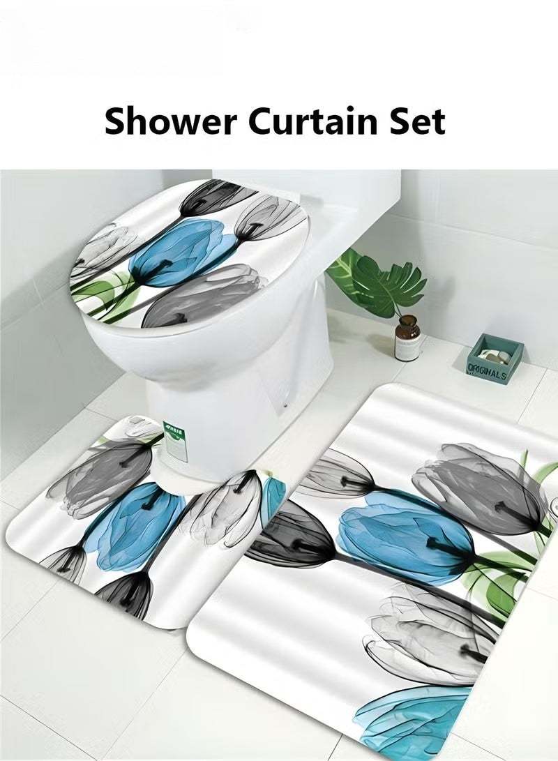 EETU 4PCS Printed Shower Curtain Set with Non-Slip Rugs,Toilet Lid Cover And Bath Mat,Durable Waterproof Flora Shower Curtain With 12 Hooks - Image 5