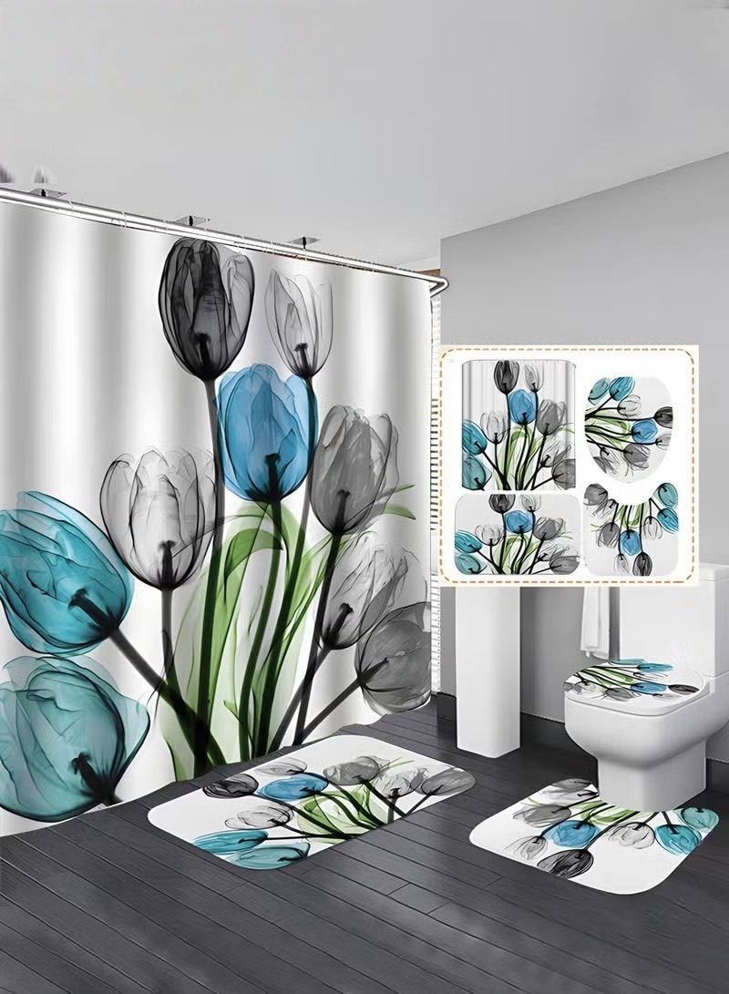 EETU 4PCS Printed Shower Curtain Set with Non-Slip Rugs,Toilet Lid Cover And Bath Mat,Durable Waterproof Flora Shower Curtain With 12 Hooks - Image 1