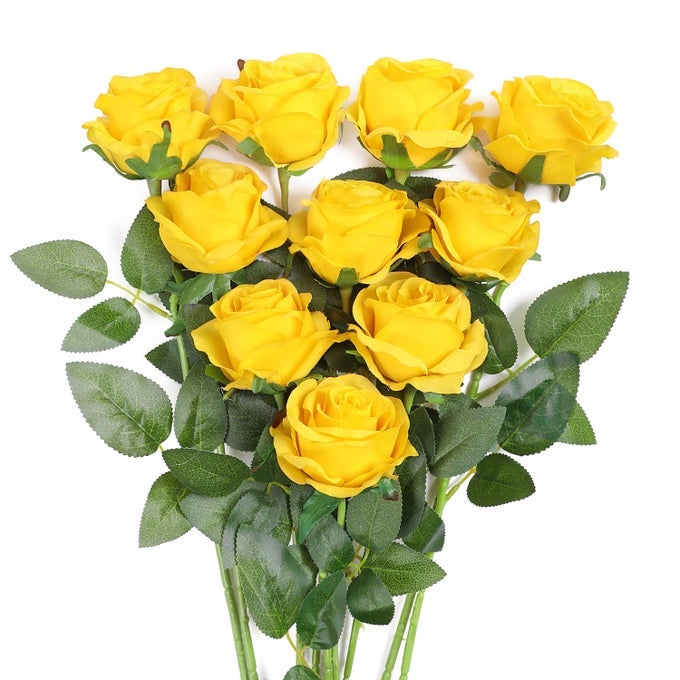 10 PCS YELLOW ROSE ARTIFICIAL SILK FLOWERS REALISTIC BOUQUETSINGLE LONG STEM FAKE ROSES FOR HOME TABLE OFFICE PARTY WEDDING GARDEN ARRANGEMENTS10 PCSYELLOW
