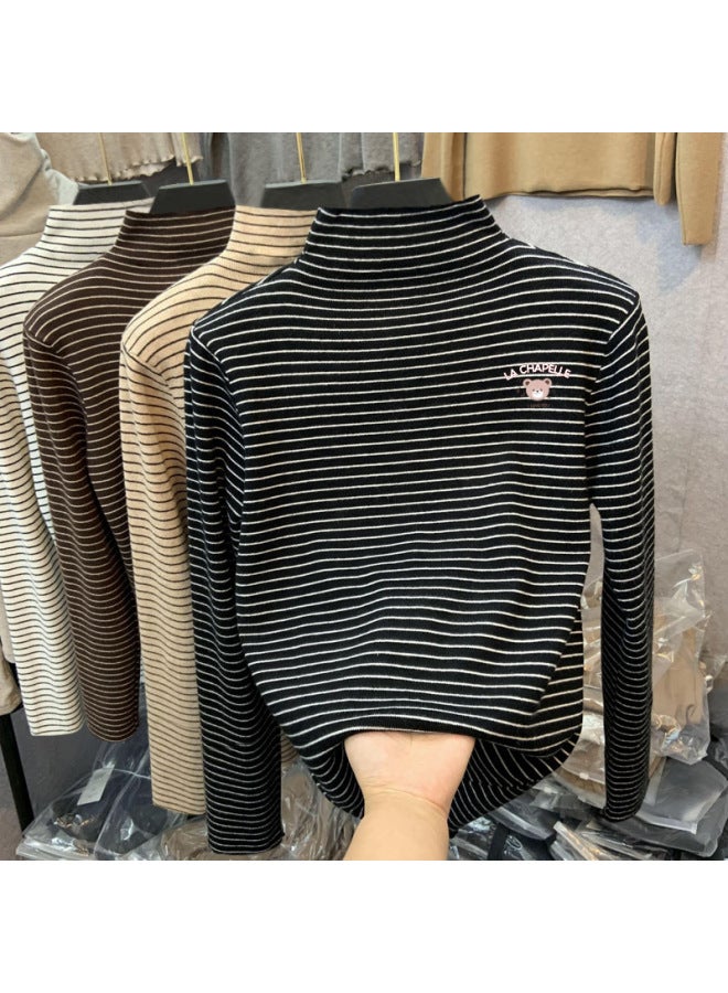Boys And Girls German Velvet Inner Layering Shirt Autumn And Winter Medium And Large Kidsren's Half Turtleneck Long-sleeved T-shirt Stripesd Cartoon Top