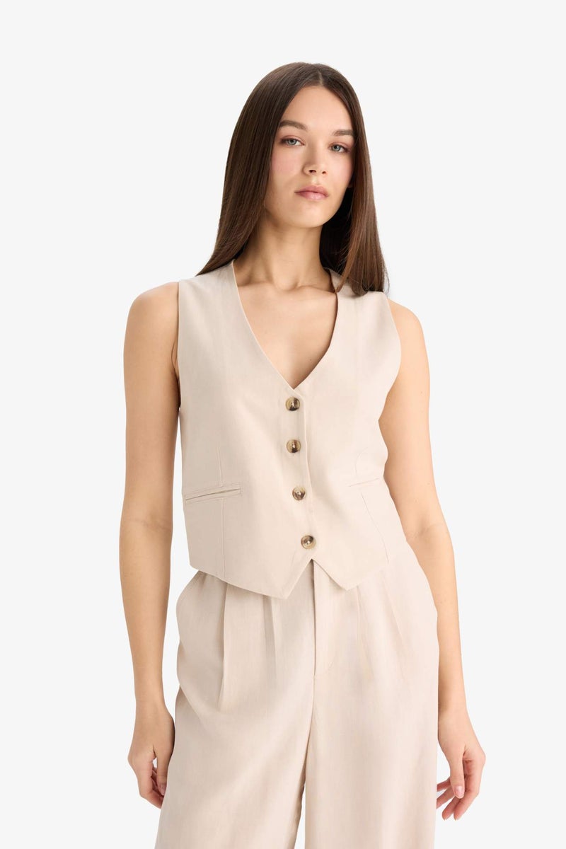 DeFacto V-Neck Linen Blend Blazer Vest - Image 3