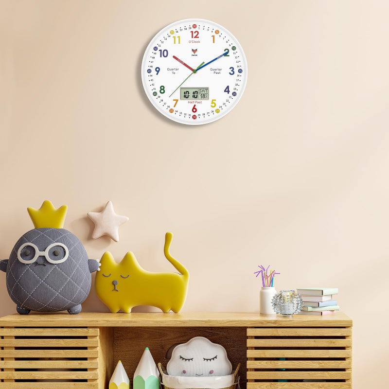 Foxtop Digital and Analog Learning Clock for Kids - Telling Time Teaching Clock 12 Inch Silent Non-Ticking Battery Operated Kids Wall Clock for Kids Room Playroom Nursery Classroom School (White) - Image 5