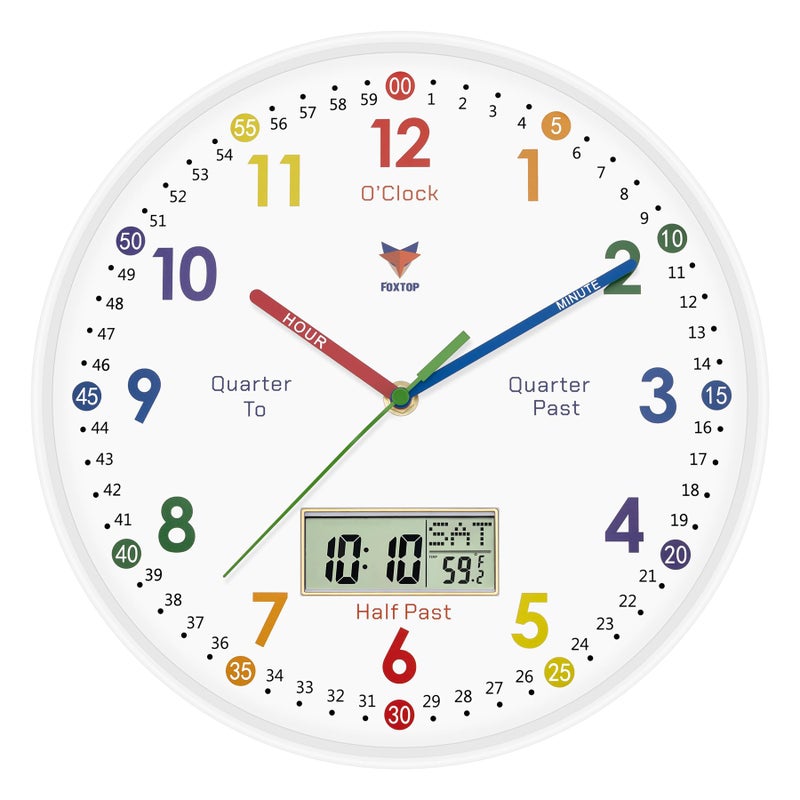 Foxtop Digital and Analog Learning Clock for Kids - Telling Time Teaching Clock 12 Inch Silent Non-Ticking Battery Operated Kids Wall Clock for Kids Room Playroom Nursery Classroom School (White) - Image 1