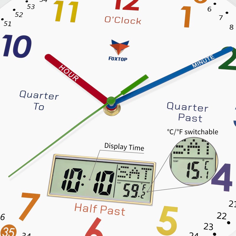 Foxtop Digital and Analog Learning Clock for Kids - Telling Time Teaching Clock 12 Inch Silent Non-Ticking Battery Operated Kids Wall Clock for Kids Room Playroom Nursery Classroom School (White) - Image 3