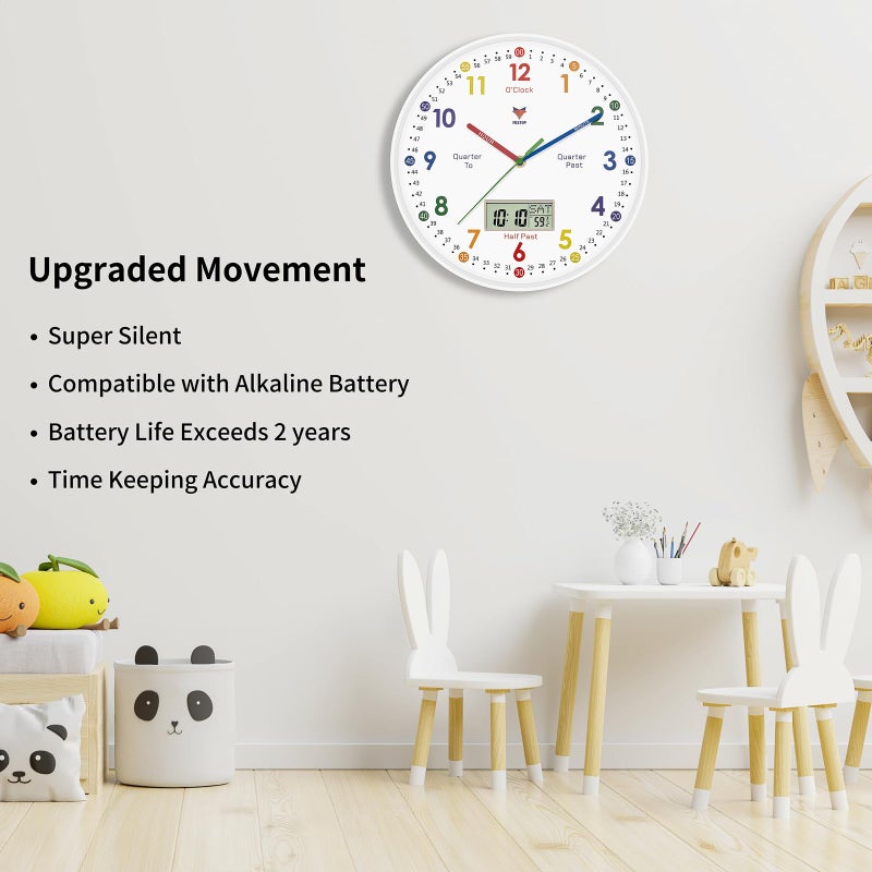 Foxtop Digital and Analog Learning Clock for Kids - Telling Time Teaching Clock 12 Inch Silent Non-Ticking Battery Operated Kids Wall Clock for Kids Room Playroom Nursery Classroom School (White) - Image 4