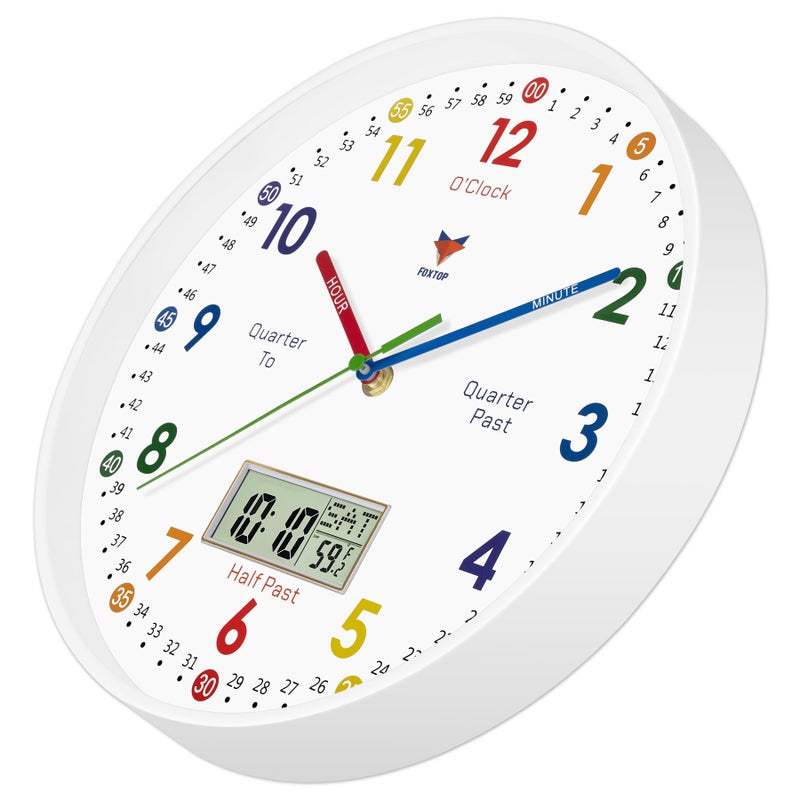 Foxtop Digital and Analog Learning Clock for Kids - Telling Time Teaching Clock 12 Inch Silent Non-Ticking Battery Operated Kids Wall Clock for Kids Room Playroom Nursery Classroom School (White) - Image 2
