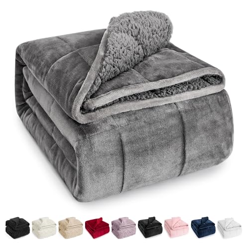 Wemore Sherpa Fleece Weighted Blanket for Adult, 15 lbs Dual Sided Cozy Fluffy Heavy Blanket, Ultra Fuzzy Throw Blanket with Soft Plush Flannel Top, 48 x 72 inches, Grey on Both Sides - Image 1