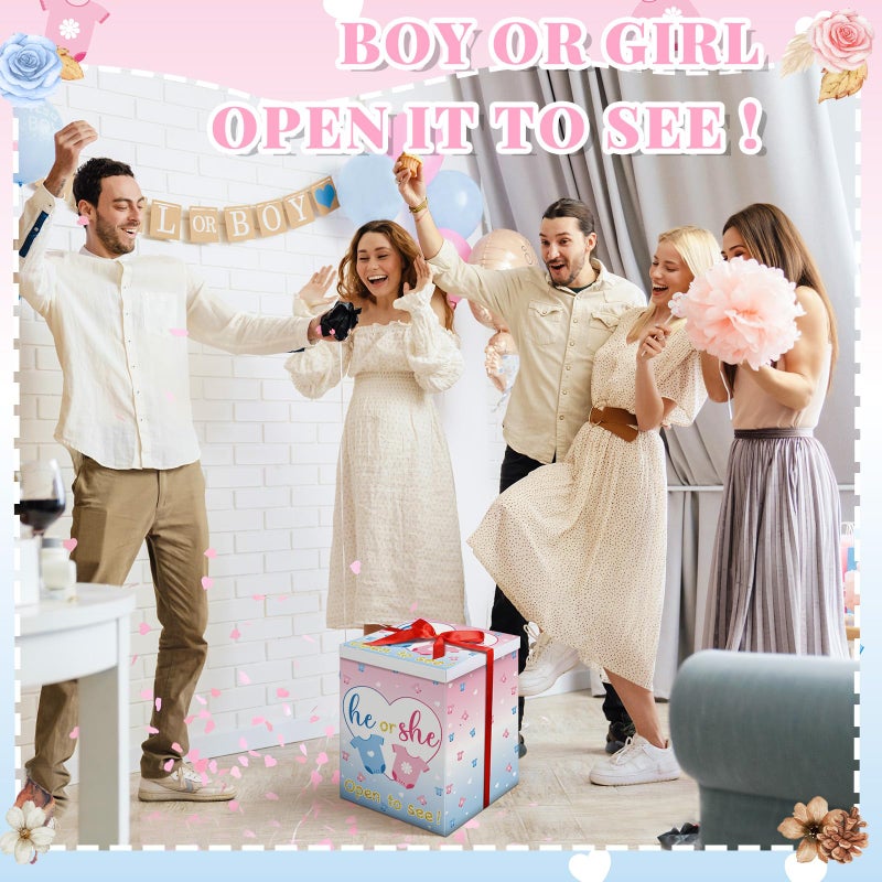 Hungdao Gender Reveal Balloon Box with Ribbon and 10 Pink and Blue Balloons Gender Reveal Games He or She Open to See for Party Decoration 12"x12"x16"(Cloth) - Image 3