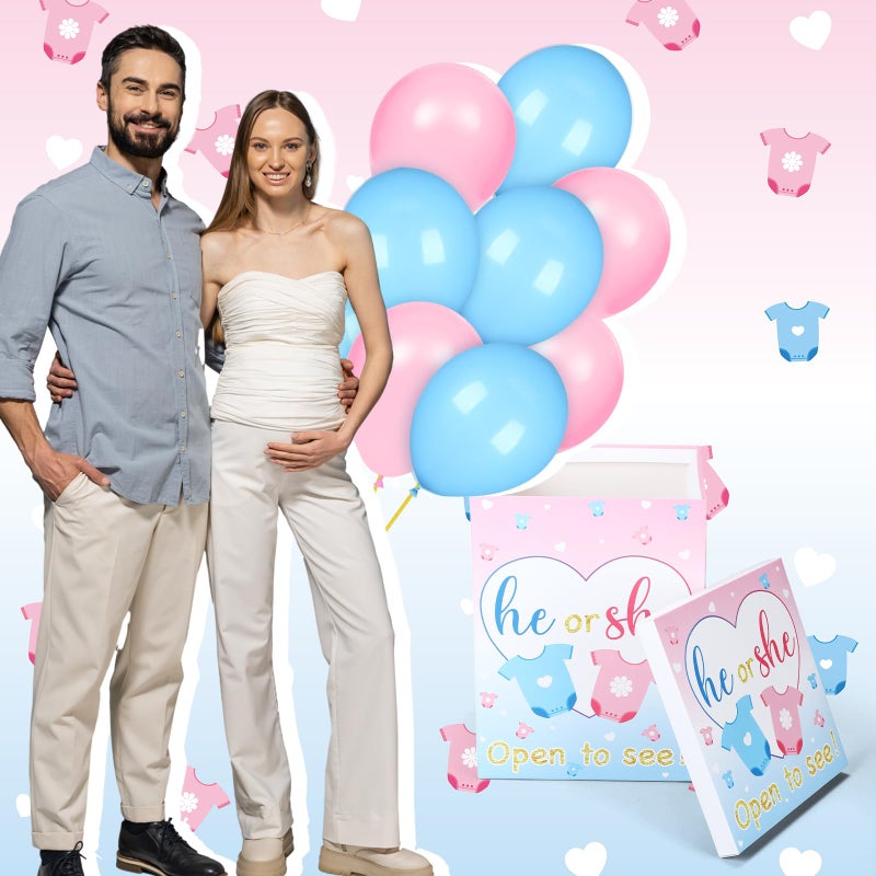 Hungdao Gender Reveal Balloon Box with Ribbon and 10 Pink and Blue Balloons Gender Reveal Games He or She Open to See for Party Decoration 12"x12"x16"(Cloth) - Image 5