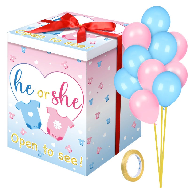 Hungdao Gender Reveal Balloon Box with Ribbon and 10 Pink and Blue Balloons Gender Reveal Games He or She Open to See for Party Decoration 12"x12"x16"(Cloth) - Image 1