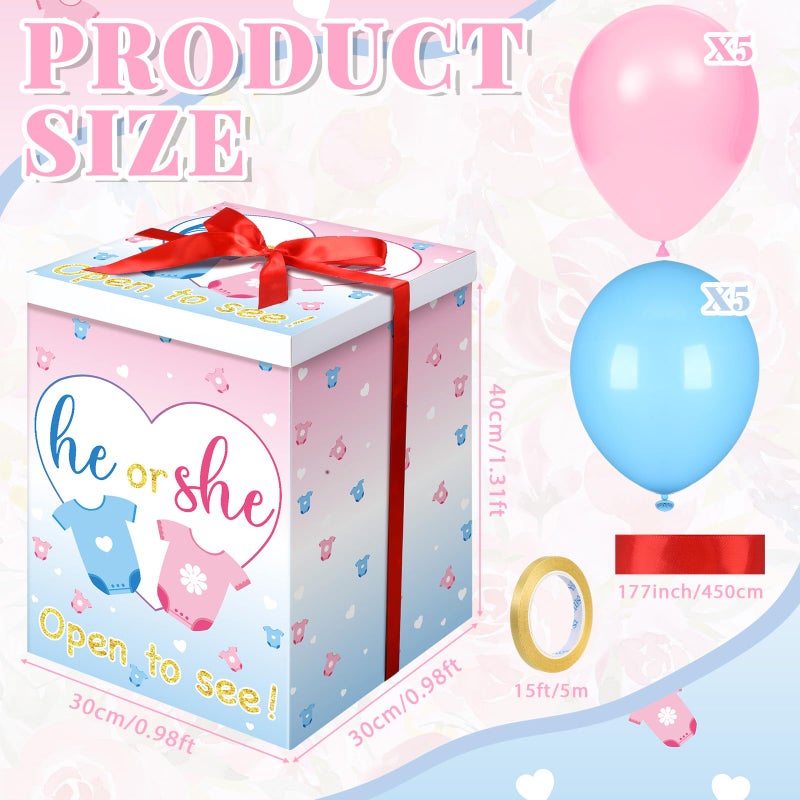 Hungdao Gender Reveal Balloon Box with Ribbon and 10 Pink and Blue Balloons Gender Reveal Games He or She Open to See for Party Decoration 12"x12"x16"(Cloth) - Image 2