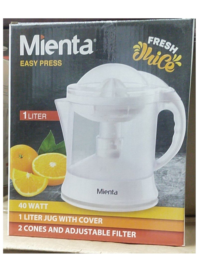 Mienta - Mienta Orange Juicer 40W Capacity 1L 2 directional rotation for perfect juice extraction 2 cones for different types of citrus fruits Adjustable filter 2 years warranty White color - Image 1
