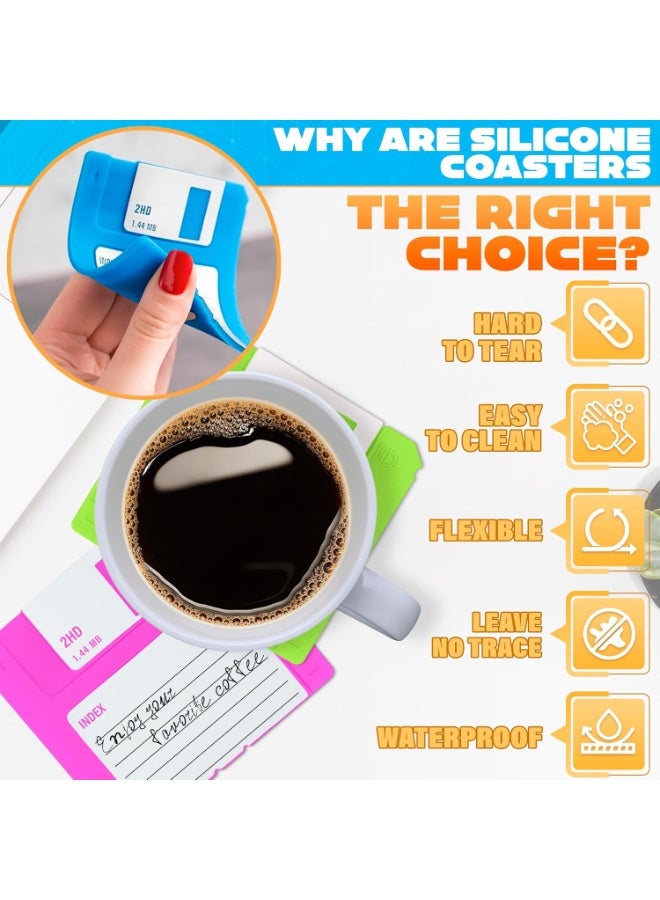 DIMROM 6 Pcs Silicone Floppy Disk Coaster - Bright Colors Pack of 3.54x3.54x0.2 Funny Coasters for Adults Made of Durable, Flexible, Waterproof Suited for Marker Inscriptions - Christmas 90s Nostalgia Gifts - Image 2