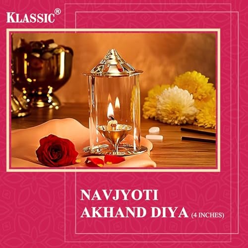 Klassic Navjyoti 4 Inch Akhand Diya with Borosilicate Shade for Mandir, Decorative Brass & Oil Lamp Lantern Diya with Glass Cover for Prayers, Cylindrical Borosilicate Brass Diya (Pack of 1) - Image 5