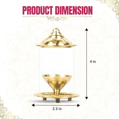 Klassic Navjyoti 4 Inch Akhand Diya with Borosilicate Shade for Mandir, Decorative Brass & Oil Lamp Lantern Diya with Glass Cover for Prayers, Cylindrical Borosilicate Brass Diya (Pack of 1) - Image 3
