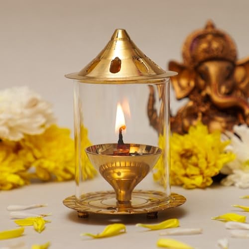 Klassic Navjyoti 4 Inch Akhand Diya with Borosilicate Shade for Mandir, Decorative Brass & Oil Lamp Lantern Diya with Glass Cover for Prayers, Cylindrical Borosilicate Brass Diya (Pack of 1) - Image 1