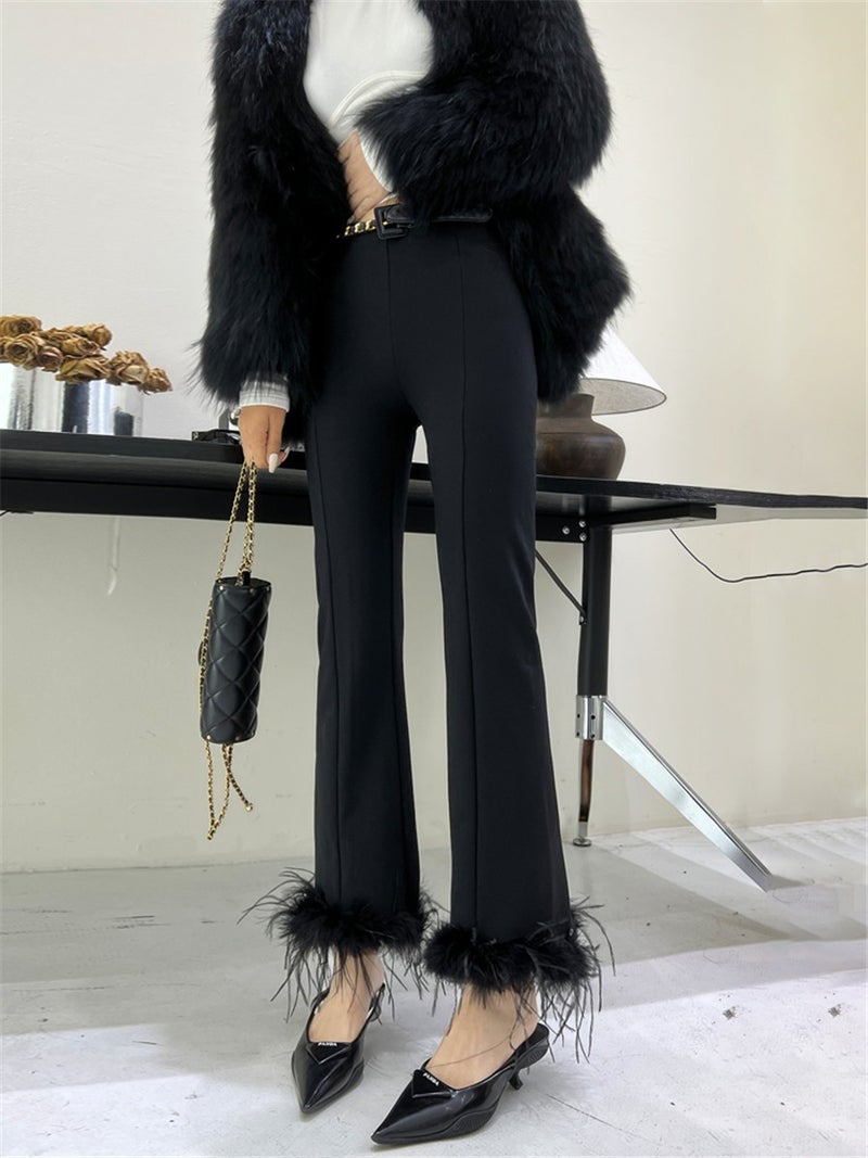 Black High Waist Feather Flared Pants Women'S Ostrich Hair Design Sense Niche Hip Suit Casual Pants For Autumn 2023 - Image 4