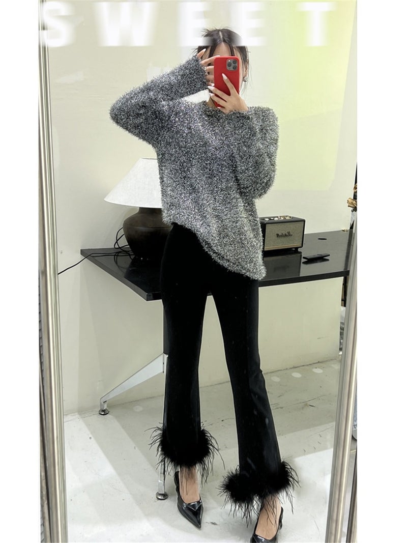 Black High Waist Feather Flared Pants Women'S Ostrich Hair Design Sense Niche Hip Suit Casual Pants For Autumn 2023 - Image 3