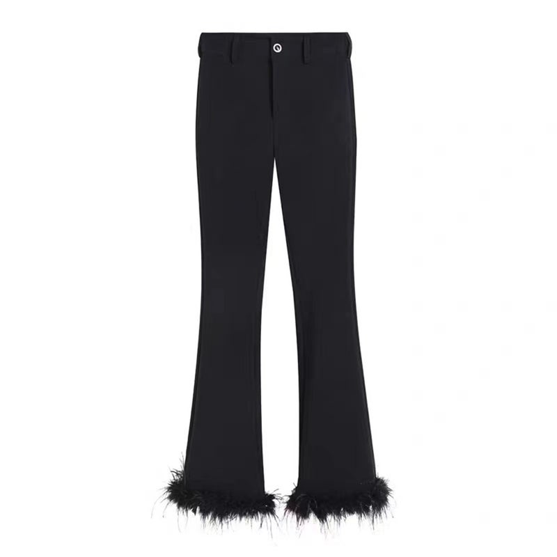 Black High Waist Feather Flared Pants Women'S Ostrich Hair Design Sense Niche Hip Suit Casual Pants For Autumn 2023 - Image 1