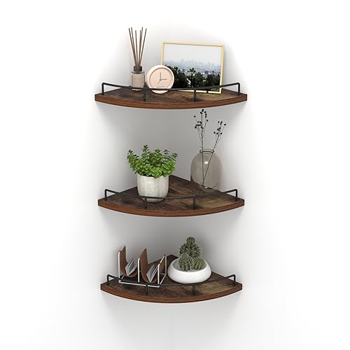 HORLIMER Floating Corner Shelf Wall Mount, Set of 3 Rustic Wood Corner Wall Shelves with Fence for Bedroom, Living Room, Bathroom, Kitchen, Brown - Image 1