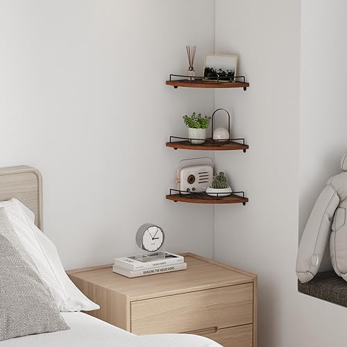 HORLIMER Floating Corner Shelf Wall Mount, Set of 3 Rustic Wood Corner Wall Shelves with Fence for Bedroom, Living Room, Bathroom, Kitchen, Brown - Image 2