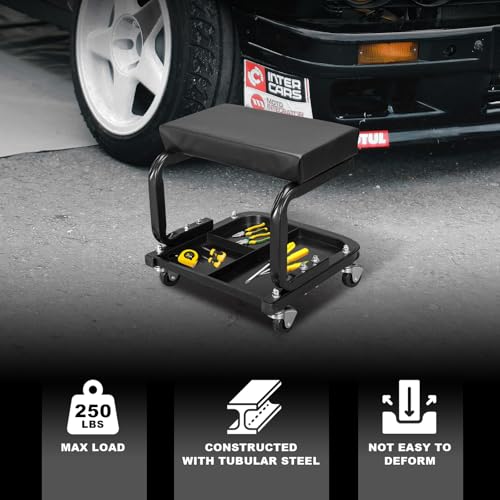 Torin ATR6300B Rolling Creeper Garage/Shop Seat: Padded Mechanic Stool with Tool Tray Storage, Black Large - Image 2