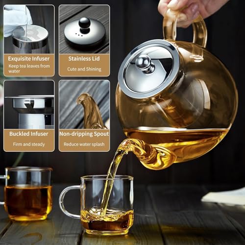 DOPUDO 40OZ (1200ML) Glass Teapot with Infuser Stovetop Safe, Clear Glass Tea Pot Kettle, Borosilicate Tea Pot with Infusers Filter for Loose Tea, Tea Kettle Dishwasher Safe (Champagne) - Image 4