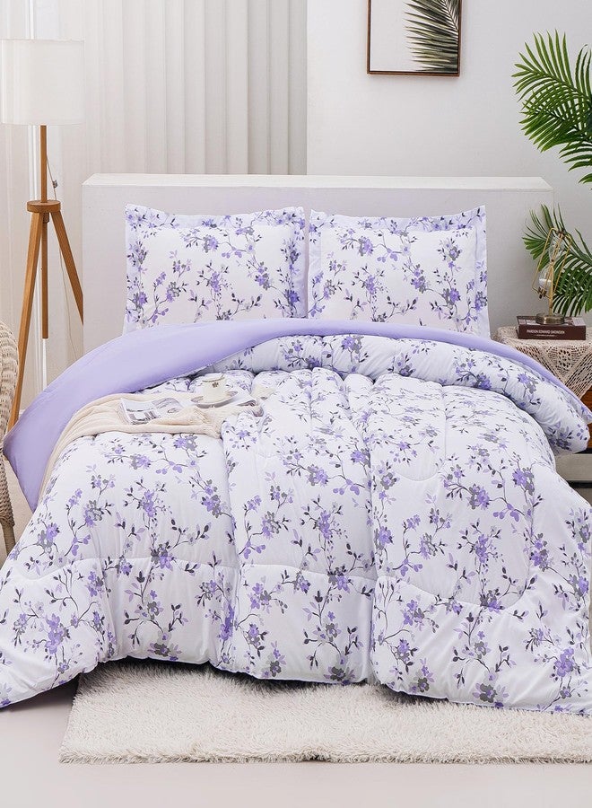 Mooreeke Floral Queen Size Comforter Sets, Lightweight Purple Lavender Botanical Printed Bedding for All Seasons, 3-Piece Vintage Bed in a Bag with Fluffy Quilted Reversible Comforter & 2 Pillow Shams - Image 1
