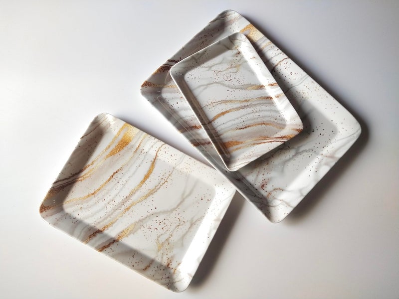 Urmila Plastic Printed Rust Design Melamine Serving Tray for Kitchen, Dining, Serving & Desk Tray. Set of 3 (White&Gold) - Image 4