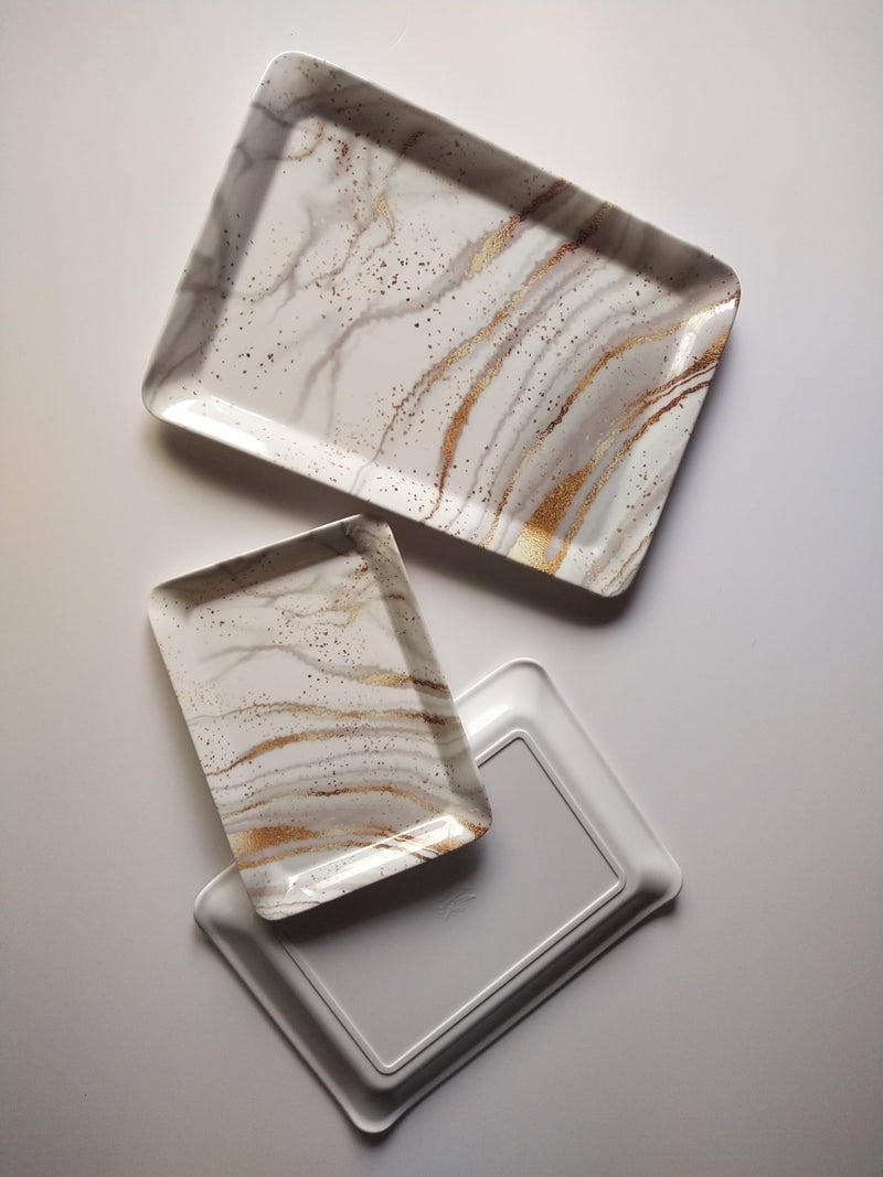 Urmila Plastic Printed Rust Design Melamine Serving Tray for Kitchen, Dining, Serving & Desk Tray. Set of 3 (White&Gold) - Image 2