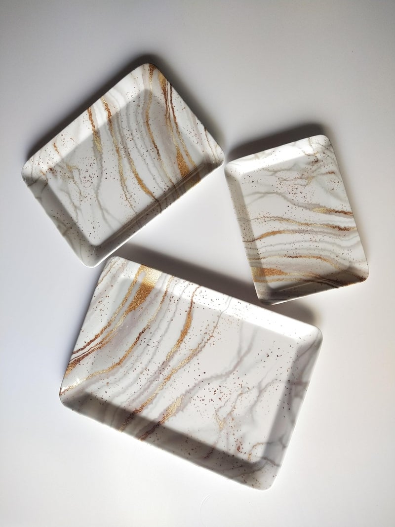 Urmila Plastic Printed Rust Design Melamine Serving Tray for Kitchen, Dining, Serving & Desk Tray. Set of 3 (White&Gold) - Image 1
