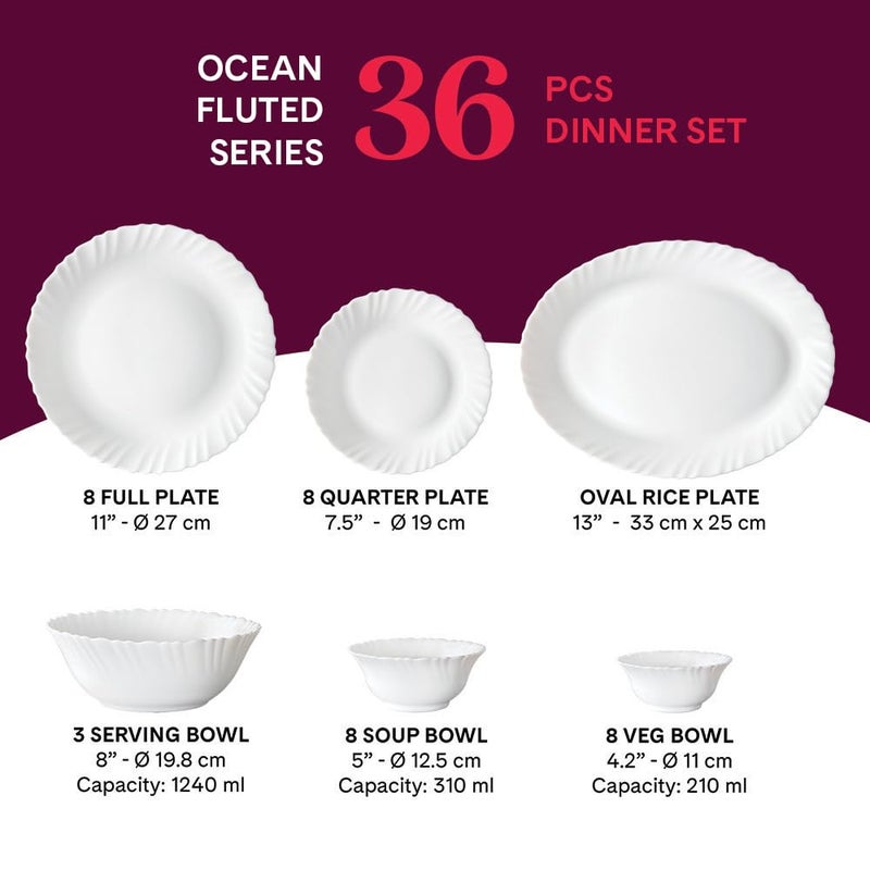 LARAH BY BOROSIL Larah by Borosil Ocean Fluted Series Opalware Dinner Set | 36 Pieces for Family of 8 | Microwave & Dishwasher Safe | Bone-Ash Free | Crockery Set for Dining & Gifting | Plates & Bowls | White - Image 2