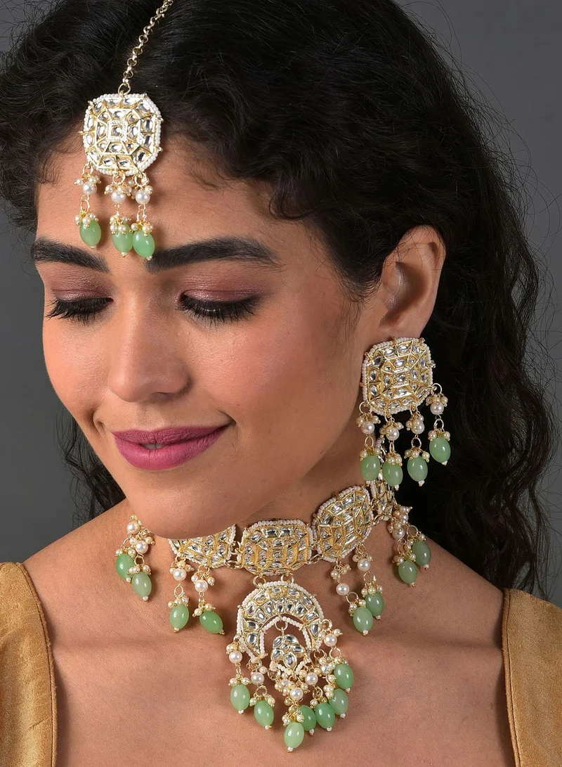 SOHI Gold Plated Kundan & Beads Necklace, Earrings and Maang Tikka Set