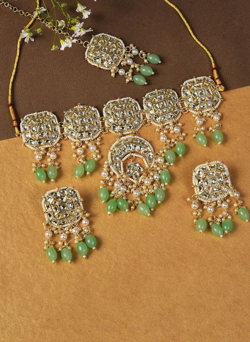 SOHI Gold Plated Kundan & Beads Necklace, Earrings and Maang Tikka Set
