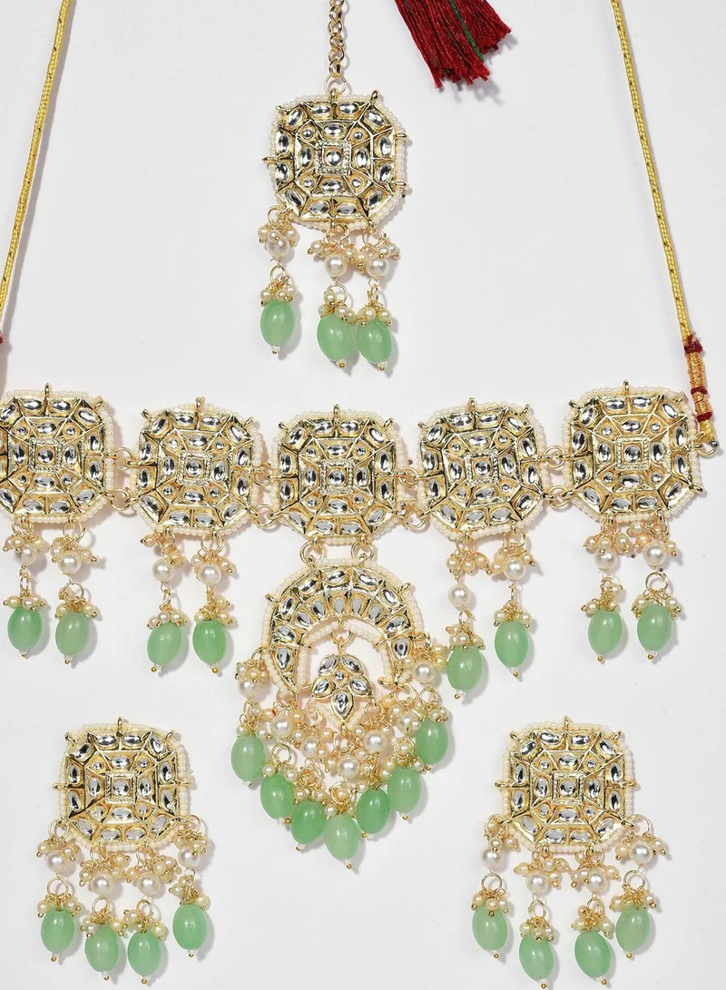 SOHI Gold Plated Kundan & Beads Necklace, Earrings and Maang Tikka Set