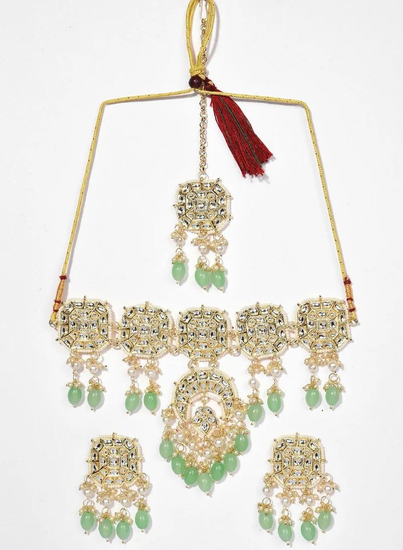 SOHI Gold Plated Kundan & Beads Necklace, Earrings and Maang Tikka Set