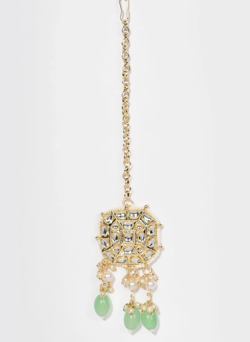 SOHI Gold Plated Kundan & Beads Necklace, Earrings and Maang Tikka Set