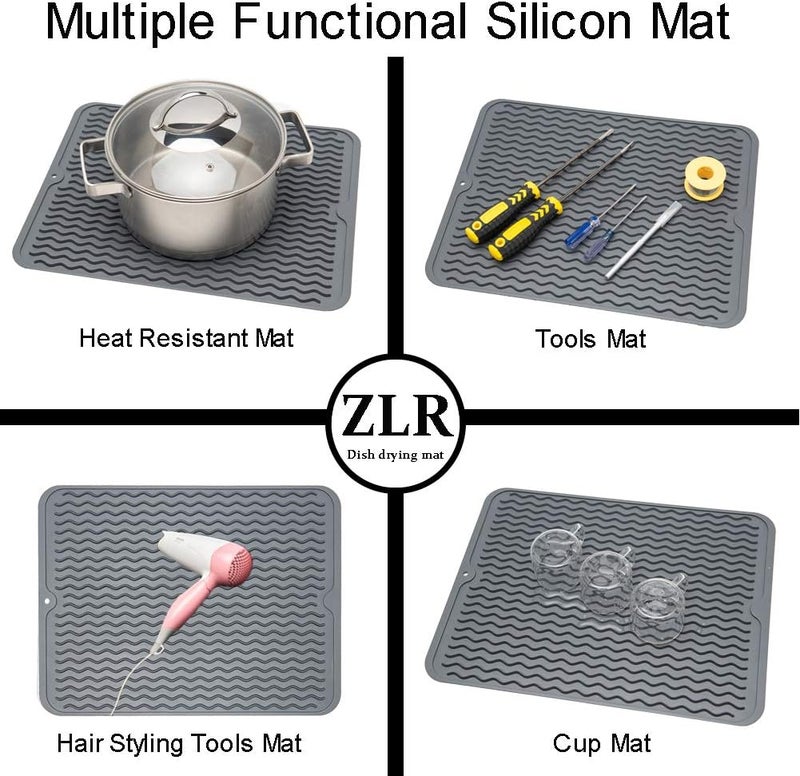 ZLR 2 Pcs Silicone Dish Drying Mat & Heat Resistant Trivet (12" x 16") - Waterproof Counter Protector for Coffee Maker - Non-Slip, BPA Free Kitchen Pad, Easy Clean Dishwasher Safe (Dark Gray) - Image 4