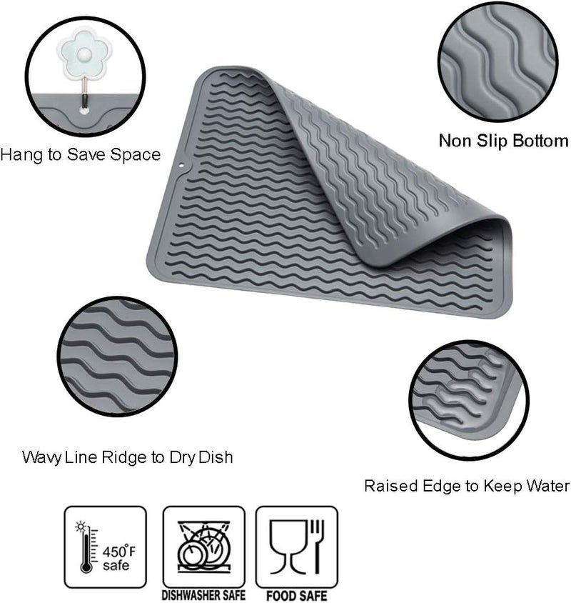 ZLR 2 Pcs Silicone Dish Drying Mat & Heat Resistant Trivet (12" x 16") - Waterproof Counter Protector for Coffee Maker - Non-Slip, BPA Free Kitchen Pad, Easy Clean Dishwasher Safe (Dark Gray) - Image 3