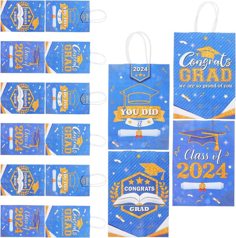 VERDANVERSE 16 Pcs Blue Graduation Bags with Handles Printed Paper Wrapping Bags for Student Party Presents Set for Grad Season Celebration - Image 1