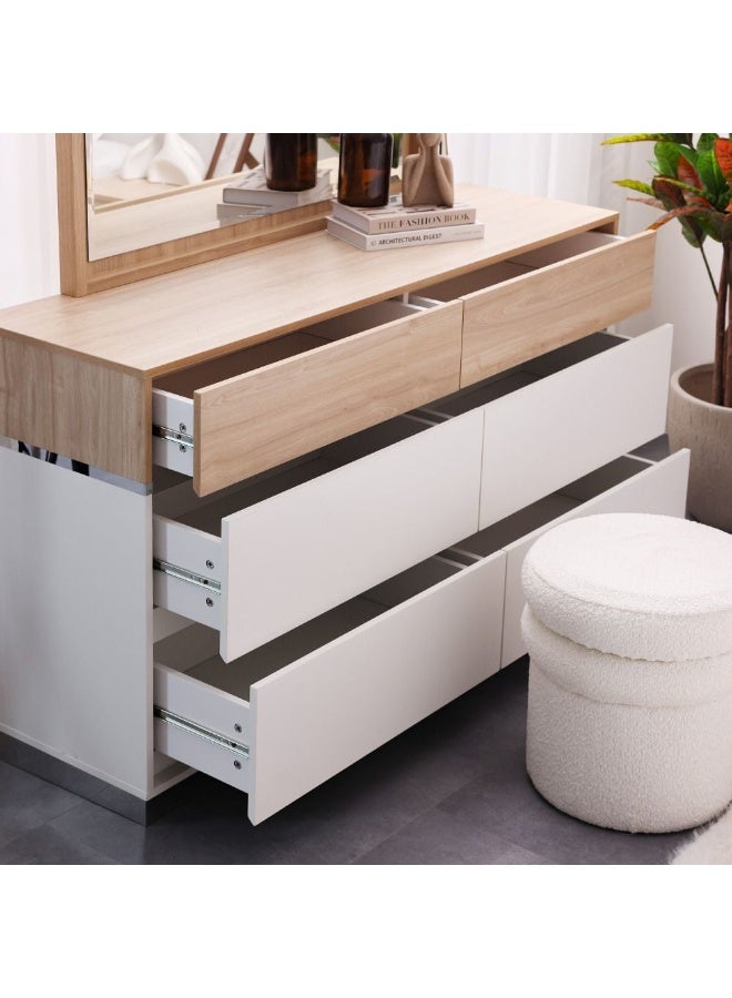 DANUBE HOME Frazer Dresser With Mirror 6 Large Drawer Storage Dresser Durable Vanity Table Dressing Makeup Desk With Storage Modern Design Bedroom Furniture - White/Natural Oak  - Image 1
