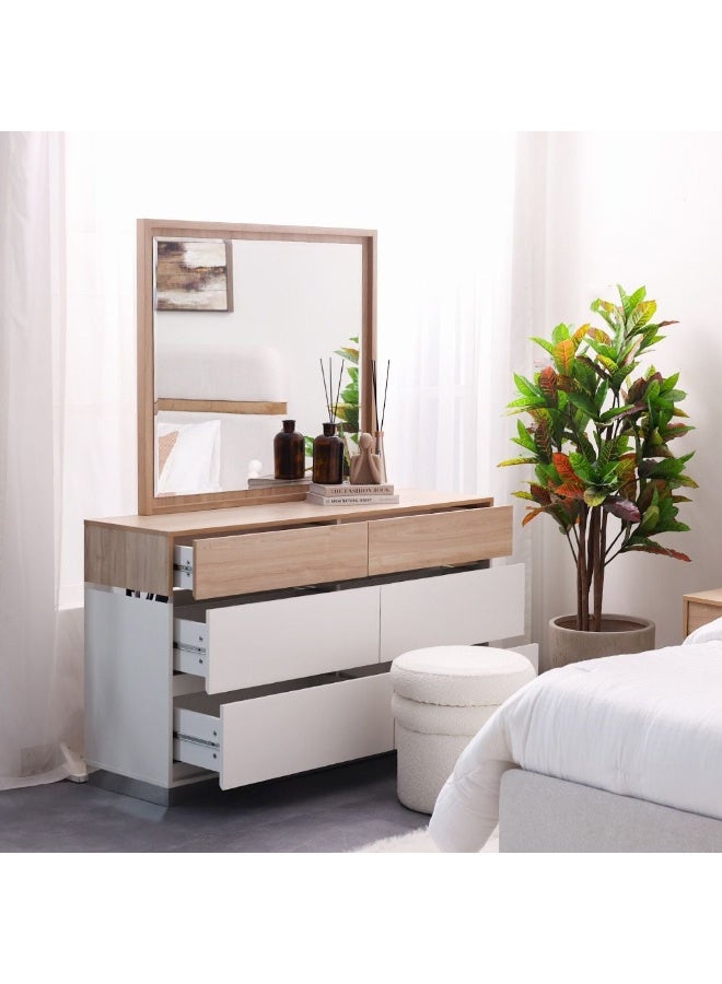 DANUBE HOME Frazer Dresser With Mirror 6 Large Drawer Storage Dresser Durable Vanity Table Dressing Makeup Desk With Storage Modern Design Bedroom Furniture - White/Natural Oak  - Image 3
