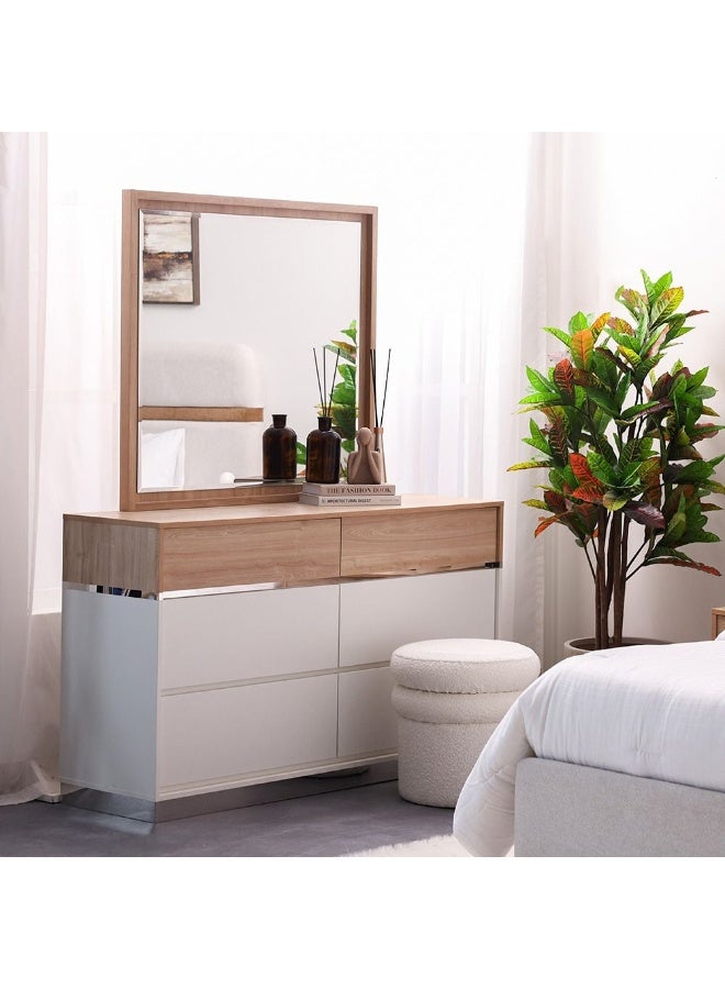 DANUBE HOME Frazer Dresser With Mirror 6 Large Drawer Storage Dresser Durable Vanity Table Dressing Makeup Desk With Storage Modern Design Bedroom Furniture - White/Natural Oak  - Image 2