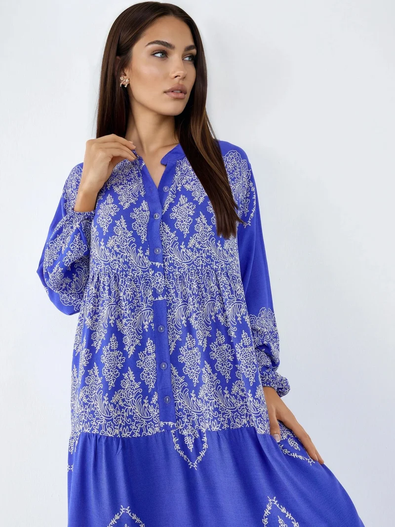 HICCUP Moroccan Blue V-Neck Patterned Maxi Dress with Button Closure for Women | Best Price UAE