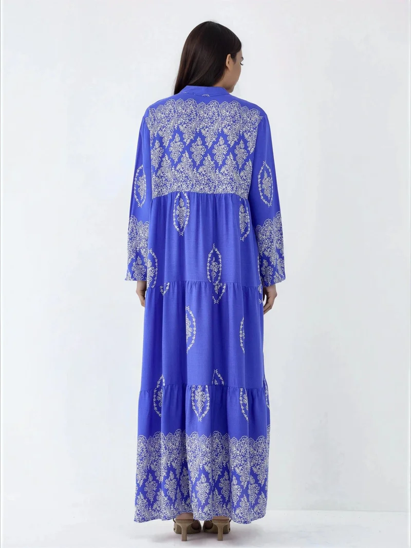 HICCUP Moroccan Blue V-Neck Patterned Maxi Dress with Button Closure for Women | Best Price UAE